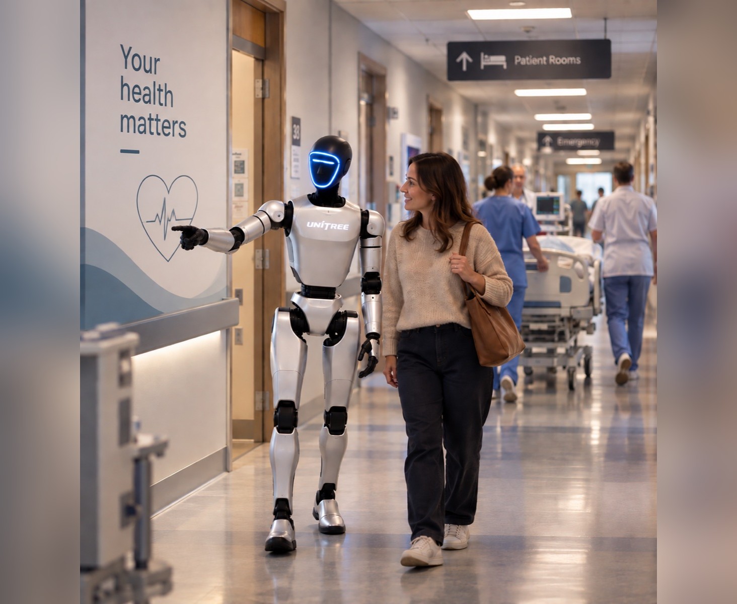 Hospital Guidance, robot escorting a patient
