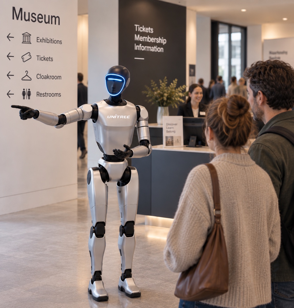 Host, robot welcoming visitors