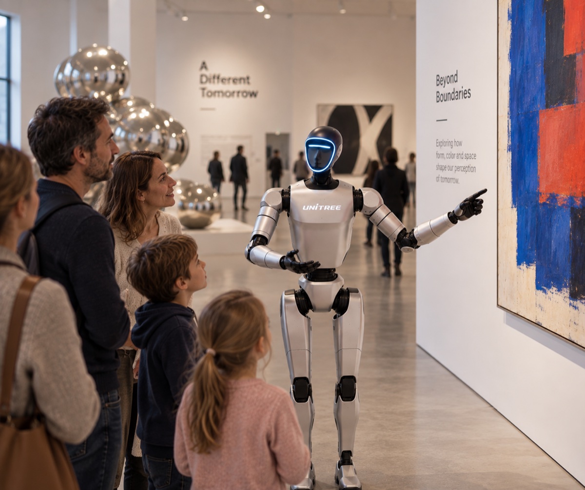Guide, robot leading a group through a collection