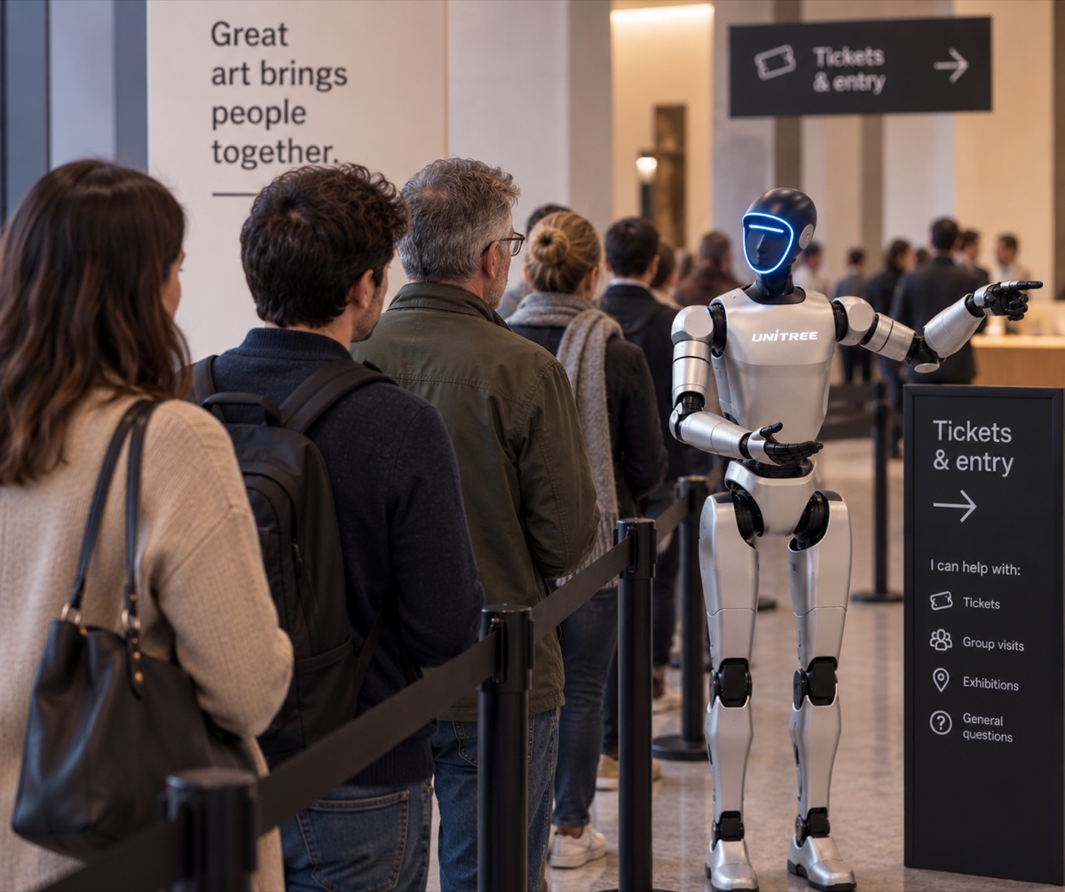 Queue, robot assisting visitors in line